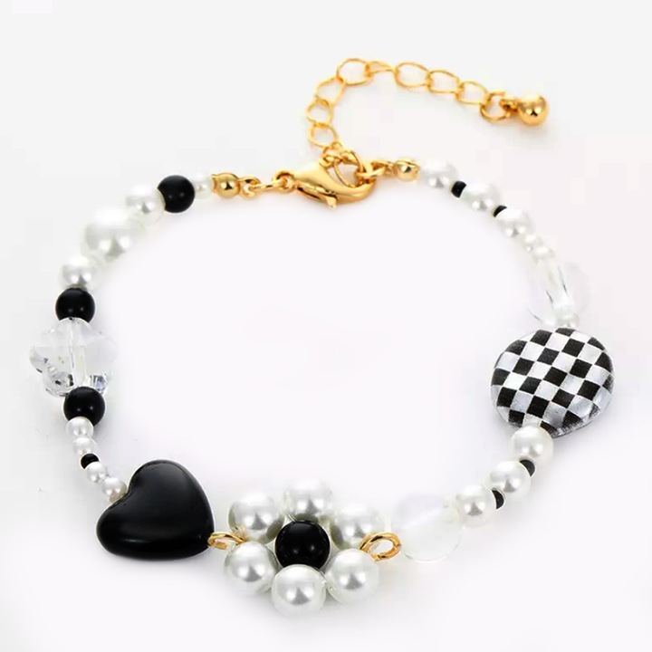 Дамска гривна, черно-бял моден модел, регулируема, златиста, EFAYN