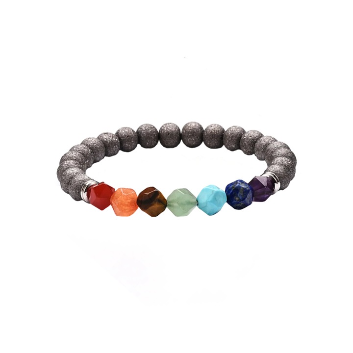 Bratara energetica creata manual, din roca vulcanica, 7Chakras, pietre semipretioase, unisex, sidefata, gri, EFAYN