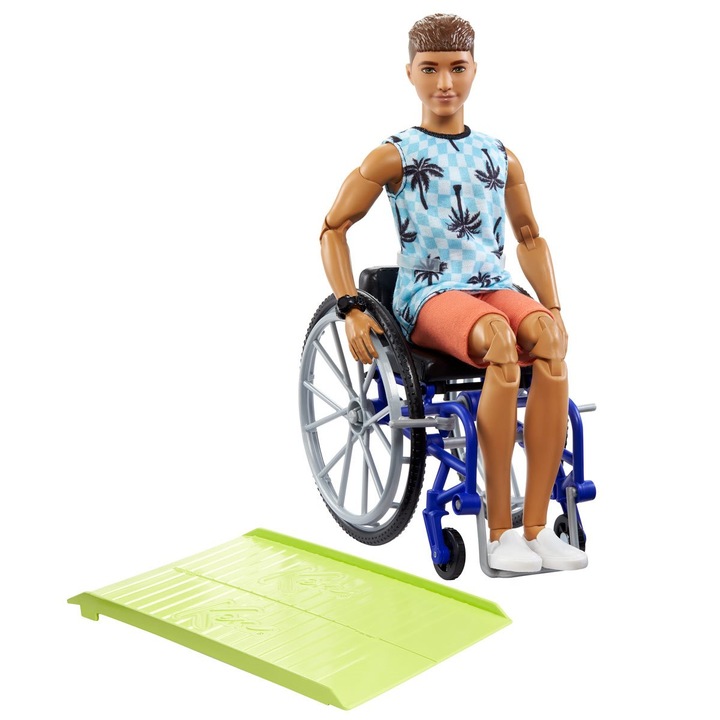 Papusa Barbie Ken cu scaun cu rotile si rampa, 26cm