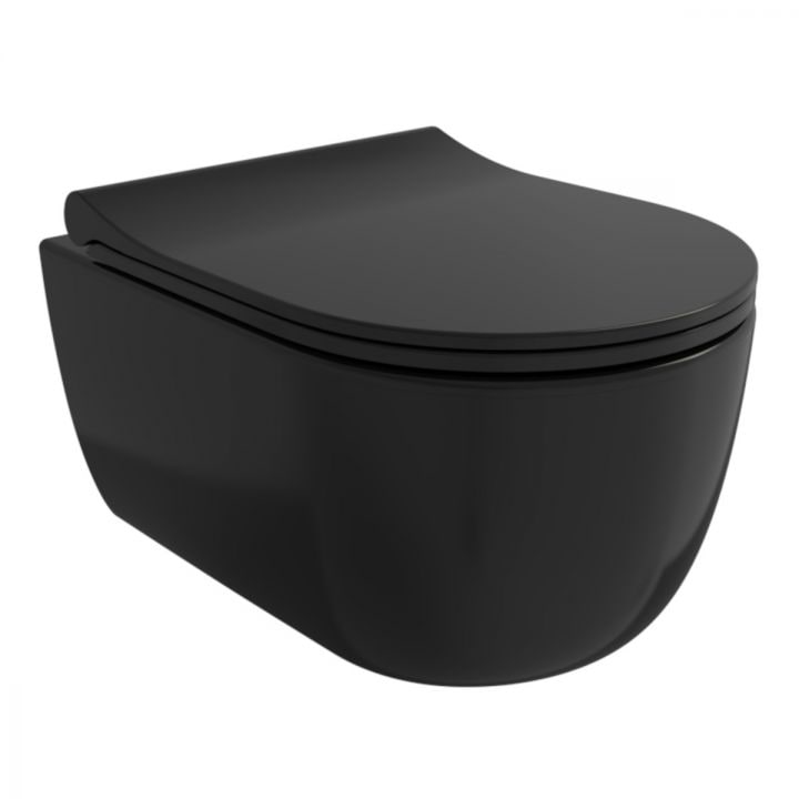 WC-csésze, 49x36 cm, fényes fekete, felfüggesztett szerelhetőség, lágyan záródó, könnyen levehető duroplast fedél, EGO Michael Rimless