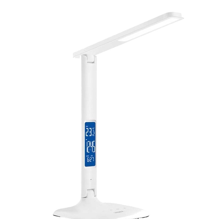 Lampa de birou LED, Videx, Plastic, 5 W, Functie ceas/calendar/temperatura, Alb