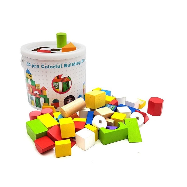 Set 50 Cuburi Constructie, lemn, multicolor