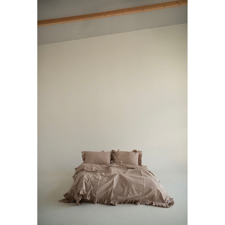 Set 4 piese lenjerie de pat cu volanase Baronette Home, Bumbac Ranforce, Grej, 220x240 cm