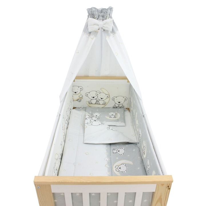 Lenjerie 6 piese, cu baldachin, Ursulet sir, gri, 140x70 cm