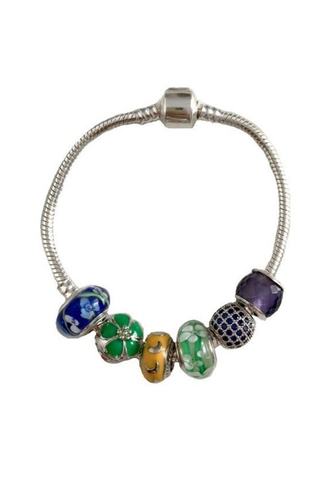 Bratara Charm Greeny placata in 3 straturi cu argint 925, 6 charmuri, lungime 19 cm