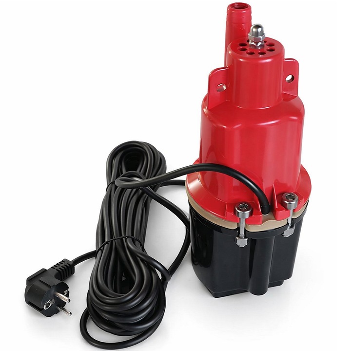 Pompa apa submersibila cu vibratii pentru put si fantana, 280W, debit 1080 l/h, inaltime pompare 70m, racord furtun 20mm, Kit Complet cu franghie si cablu 9m, Rosu/Negru