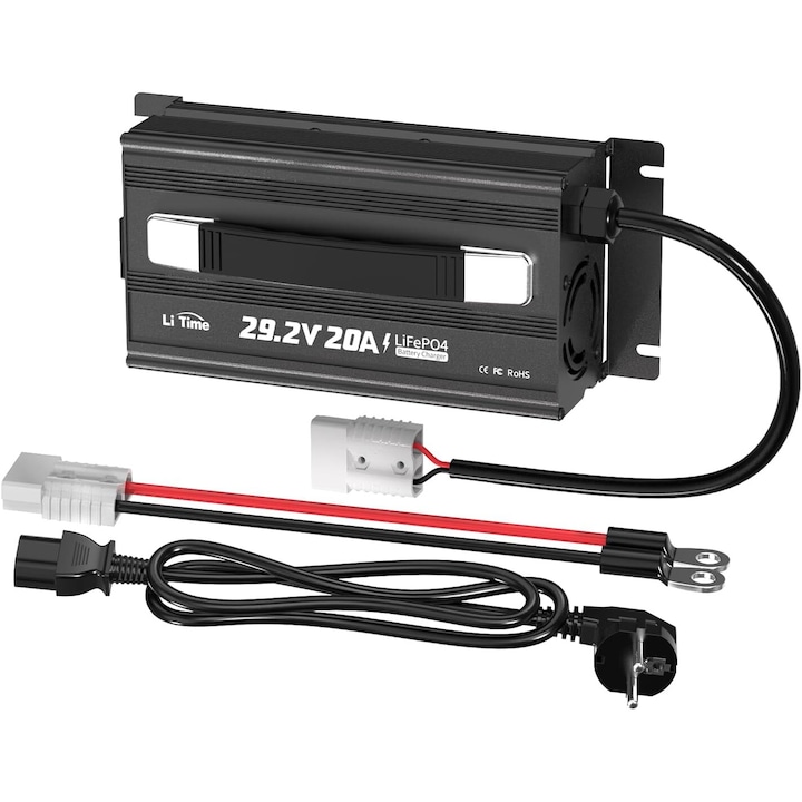 Lítium akkumulátortöltő, LiTime, 29,2V, 20A, LiFePO4-hez, fekete