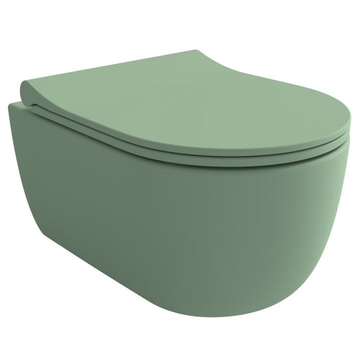 WC-csésze, 49x36 cm, matt menta zöld, felfüggesztett szerelhetőség, lágyan záródó, könnyen levehető duroplast fedél, EGO Michael Rimless