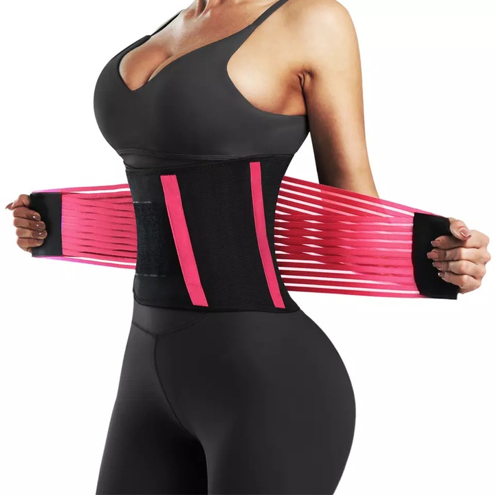 Centura de slabit Vitality Lab™, tip corset, refacere postnatala, suport lombar, compresie dubla, talie si abdomen, neopren, modelare, corector postura, roz, marime M