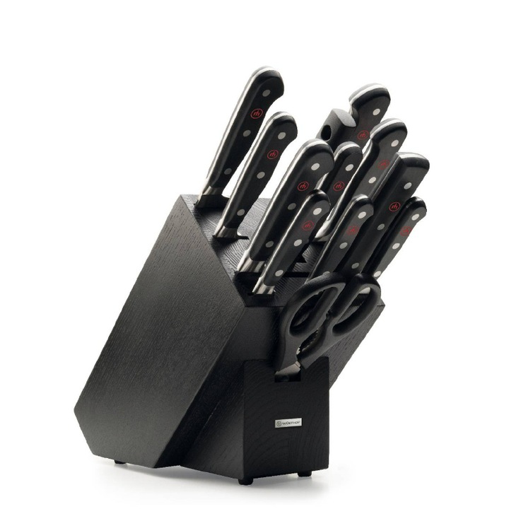 Комплект нож/кухненски прибори с поставка, WÜSTHOF, Classic, Неръждаема стомана/Дърво, 13 части, Сребрист/Черен