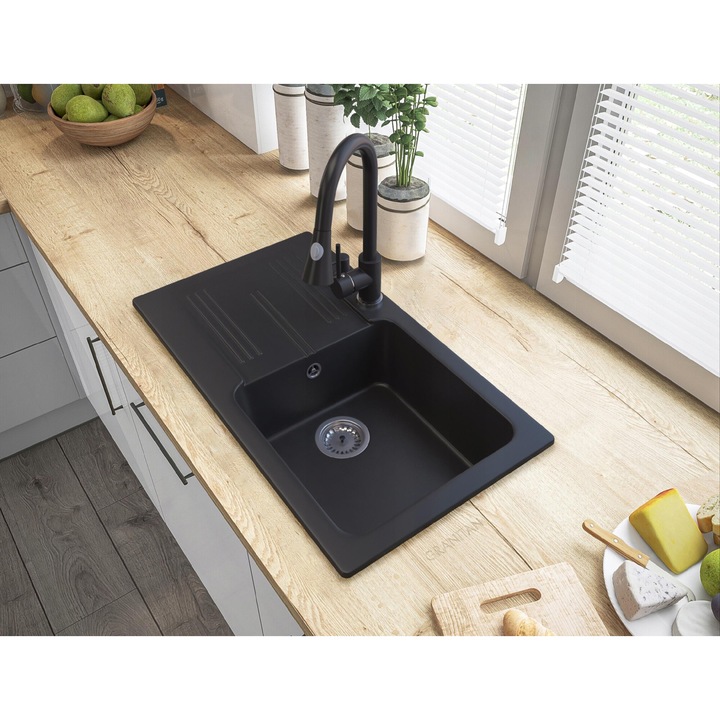 Pachet chiuveta bucatarie Ada + Baterie Snake + Dozator detergent lichid Clasic, Granitan, Compozit granit, 775x435 mm, Adancime 160 mm, Montare pe blat, Dreapta, Negru