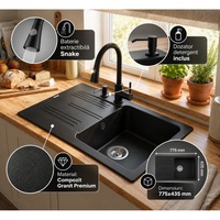 Pachet Chiuveta Bucatarie Granitan Ada, din Compozit Granit, 775x435 mm, Adancime Cuva 160 mm, Montare pe Blat, Orientare Dreapta, Culoare Negru, cu Baterie Extractibila Snake si Dozator Detergent Lichid Clasic, Set Complet pentru Bucatarie