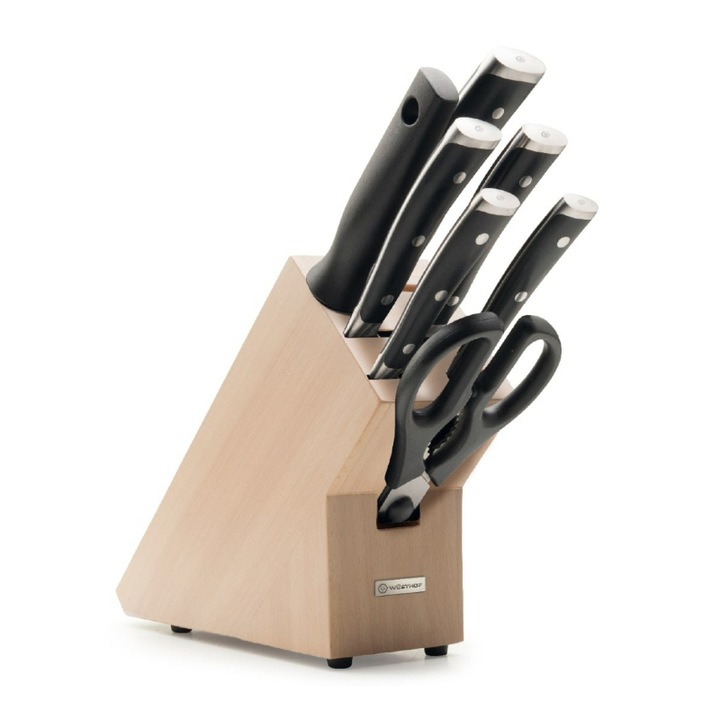 Set 5 cutite/foarfeca/ascutitor cu suport, WÜSTHOF, Classic Ikon, Otel inoxidabil/Lemn, Multicolor