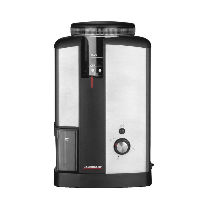 Rasnita electrica de cafea Gastroback, 18 setari macinare, recipient boabe 200 g, potrivit si pentru condimente, oprire automata, con din otel inoxidabil, recipient depozitare 100 g inclus, inox