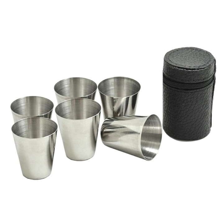 Комплект от 6 чаши по 30 мл, неръждаема стомана с капак от еко кожа, сребристи