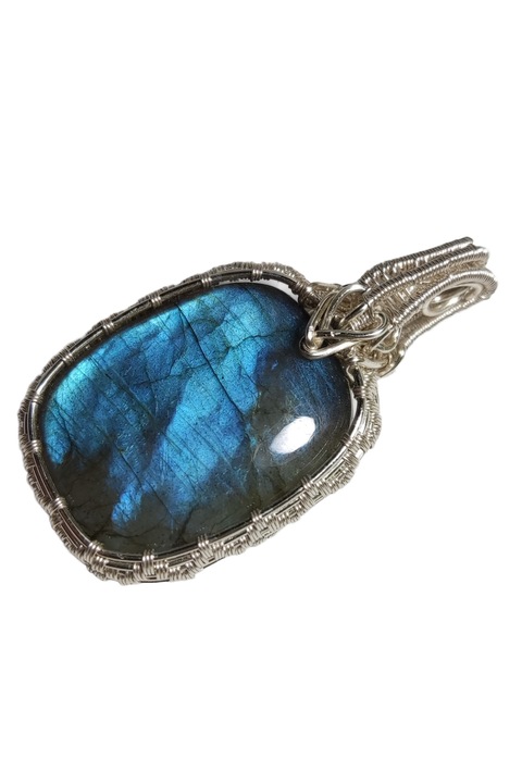 Pandantiv unicat cu labradorit, fir metalic argintiu, Argintie, 4.5 cm