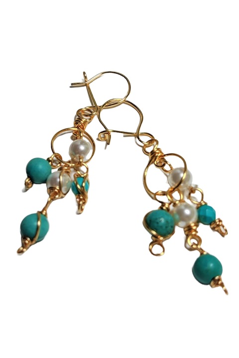 Обеци тюркоаз, златиста метална нишка, Златист, 6 см