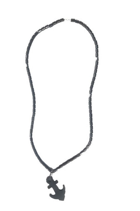 Lantisor cu pandativ din Hematit natural, cu margele din hematit, model Ancora, Negru