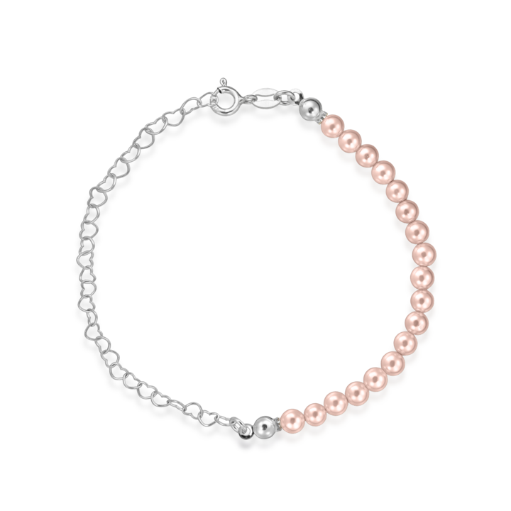 925 ezüst karkötő 4 mm-es rózsaszín természetes gyöngyökkel + szívlánc, klasszikus csattal