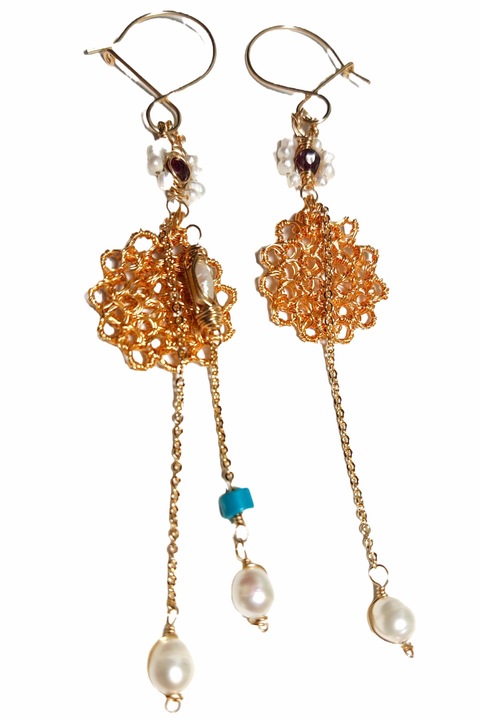 Cercei asimetrici love-story, turcoaz perlute, fir Aurit, Aurie, 9 cm