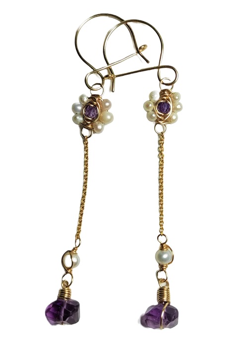 Cercei Boboci de Ametist, fir metalic de GoldFilled complet, Violet, 6 cm