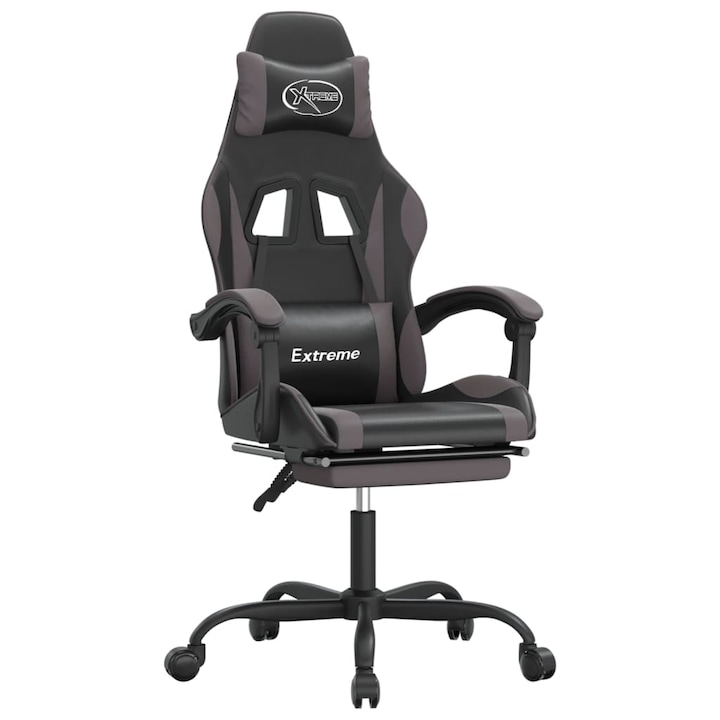 Scaun de gaming pivotant/suport picioare vidaXL, negru/gri piele eco, 57,5 x 59,5 x (121-131) cm