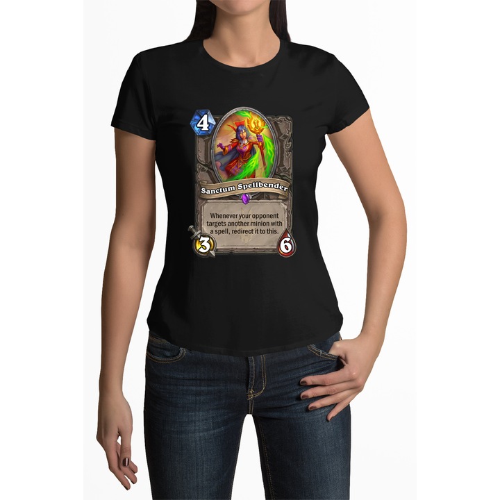 Tricou pentru dama personalizat, Negru, carte HearthStone - Sanctum Spellbender, XL