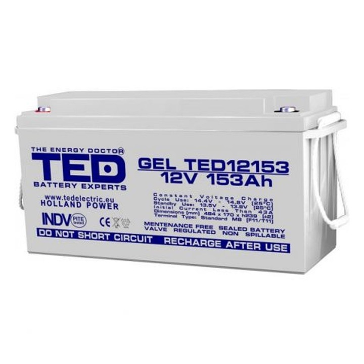 Акумулатор AGM VRLA 12V 153A GEL Deep Cycle 483mm x 170mm xh 240mm M8 TED Battery Expert Holland TED003515 (1)