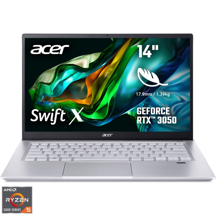 Laptop ultraportabil Acer Swift X SFX14-42G​ cu procesor AMD Ryzen™ 5 5625U pana la 4.30 GHz, 14", Full HD, IPS, 16GB, 512GB SSD, NVIDIA® GeForce RTX™ 3050 4GB GDDR6, No OS, Iron