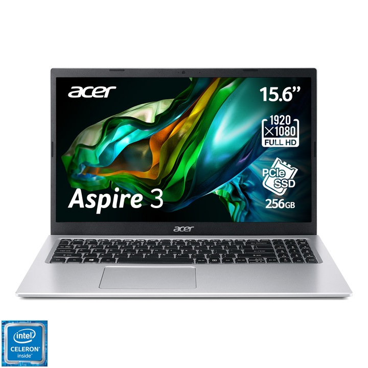 Laptop Acer Aspire 3 A315-35 cu procesor Intel® Celeron® N4500 pana la 2.80 GHz, 15.6", Full HD, 4GB, 256GB SSD, Intel® UHD Graphics, NO OS, Silver