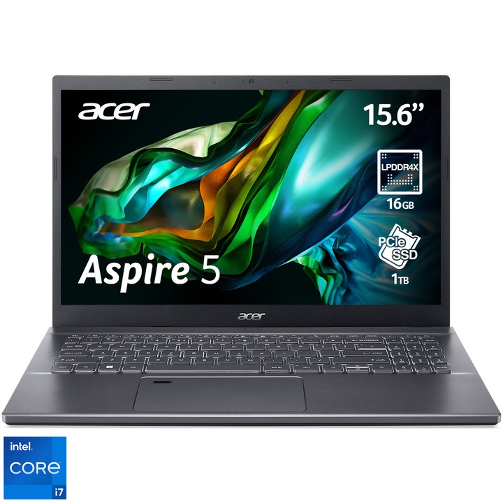 Laptop Acer Aspire 5 A515-57 cu procesor Intel® Core™ i7-1255U pana la 4.70 GHz, 15.6", Full HD, IPS, 16GB, 1TB SSD, Intel® Iris® Xe Graphics, NO OS, Iron