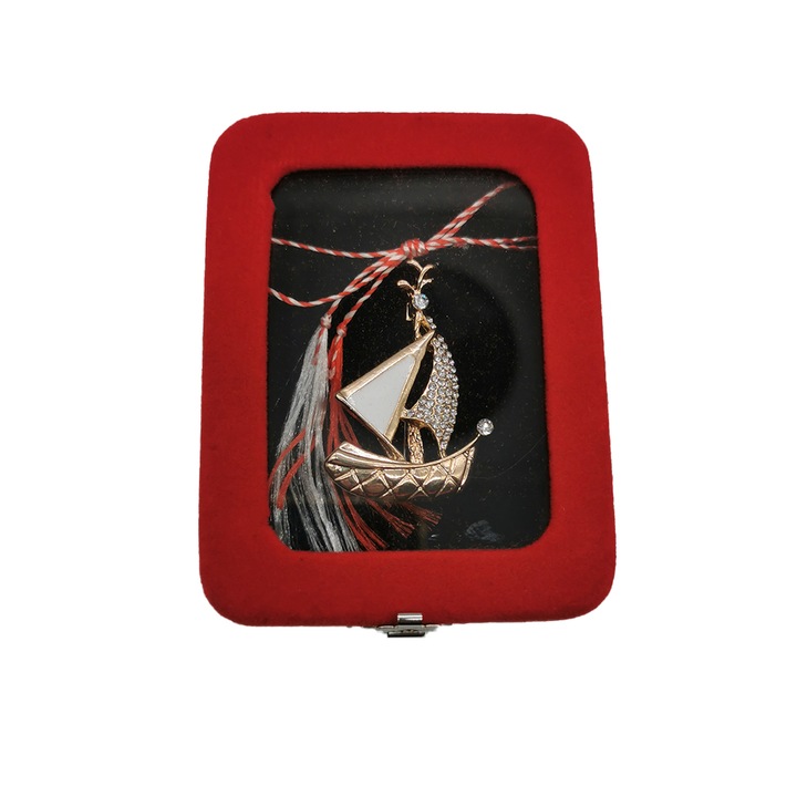 Martisor Brosa Mare, Corabia de Aur, in cutie de catifea rosie cu fereastra de sticla, VisionXXI