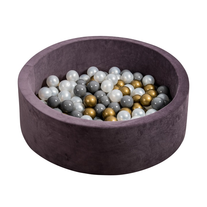 Piscina rotunda pentru copii, cu 200 mingi Gold, D90 x H30 cm, Graphit Velour, Pufkid