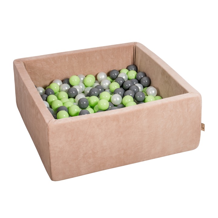 Piscina patrata pentru copii, cu 200 mingi Pistachio, 90 x 35 cm, Basalt Velour, Pufkid