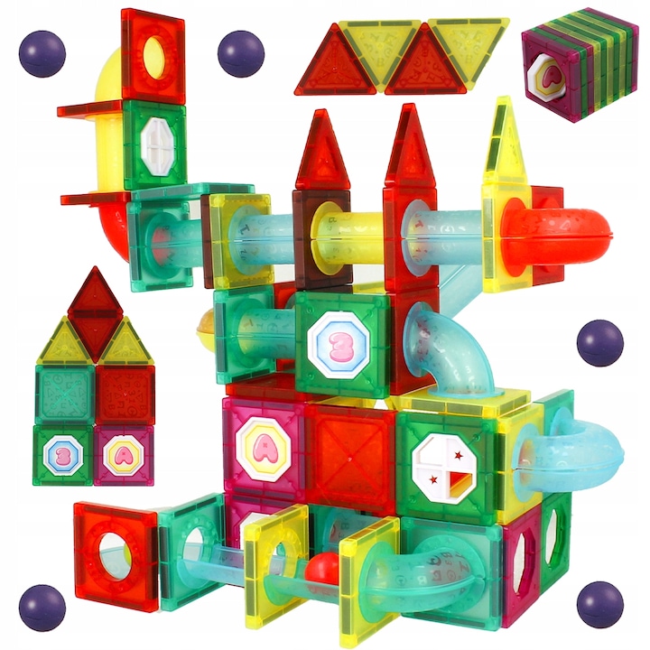 Образователни играчки IdealSTORE Intelligent Construction Set Ball Track Kulodrome Slide 3D, Включва 148 многоцветни магнитни елемента, 4 слайда, 10 топки, Възможност за изграждане на различни структури, Неодимови магнити