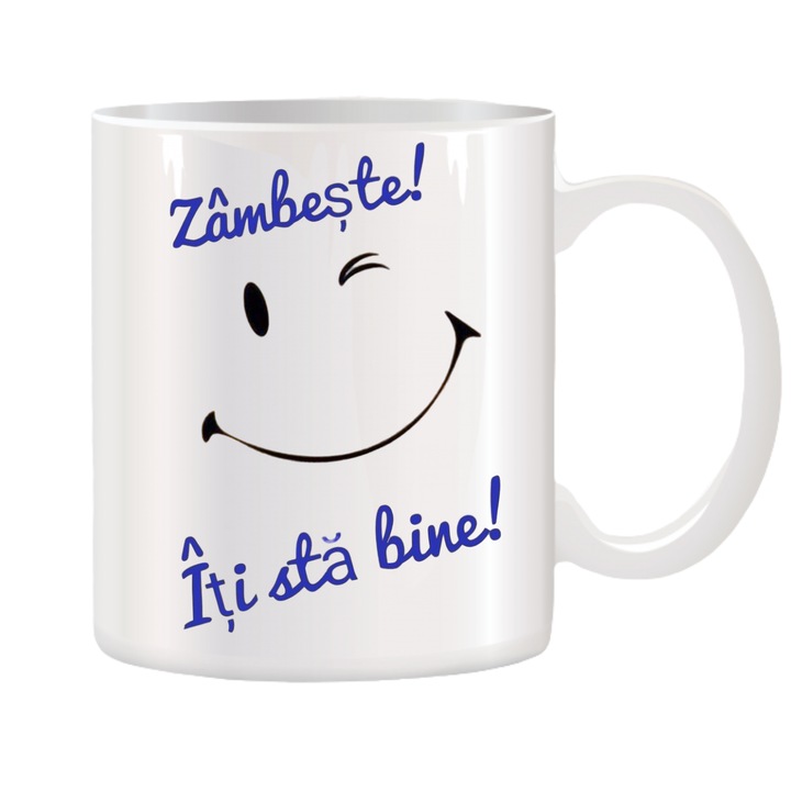 Cana alba ceramica personalizata cu mesajul Zambeste! Iti sta bine!, Stickers Factory, 330 ml