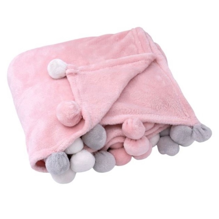 Кадифено одеяло, розово, с пискюли, 130 х 160 см