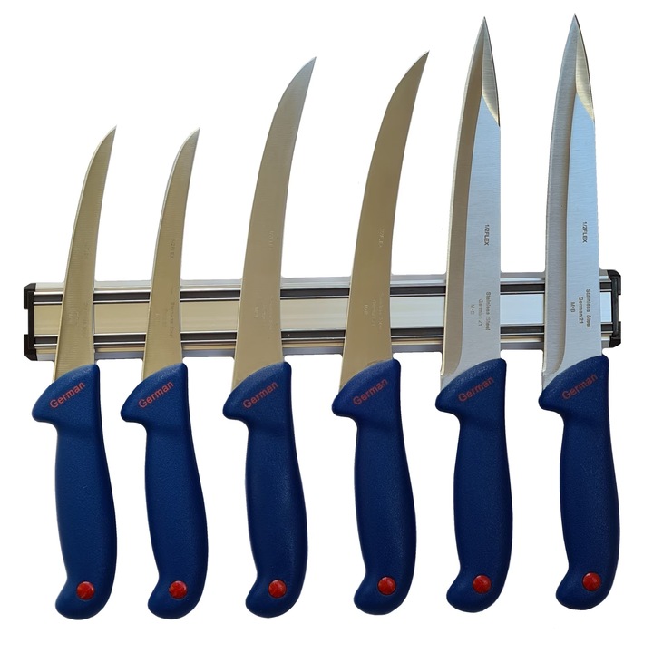 Set 6 Cutite profesionale pentru macelarie GER7-Albastru, dezosat, filetat, injunghiat, suport magnetic