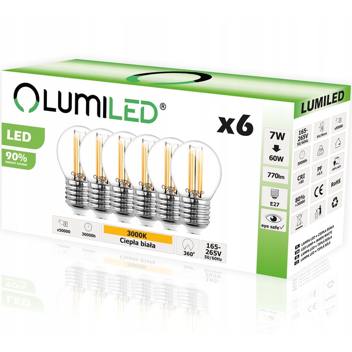 Комплект от 6 LED крушки, Lumiled, E27, 7W = 60W, 770lm, 3000K, Топло бяло
