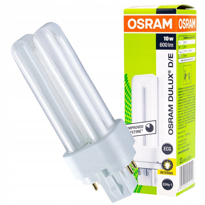 Луминесцентна лампа Osram, G24Q-1, DULUX D/E, 10 W, 600 lm, 2700 K, Топло бяло