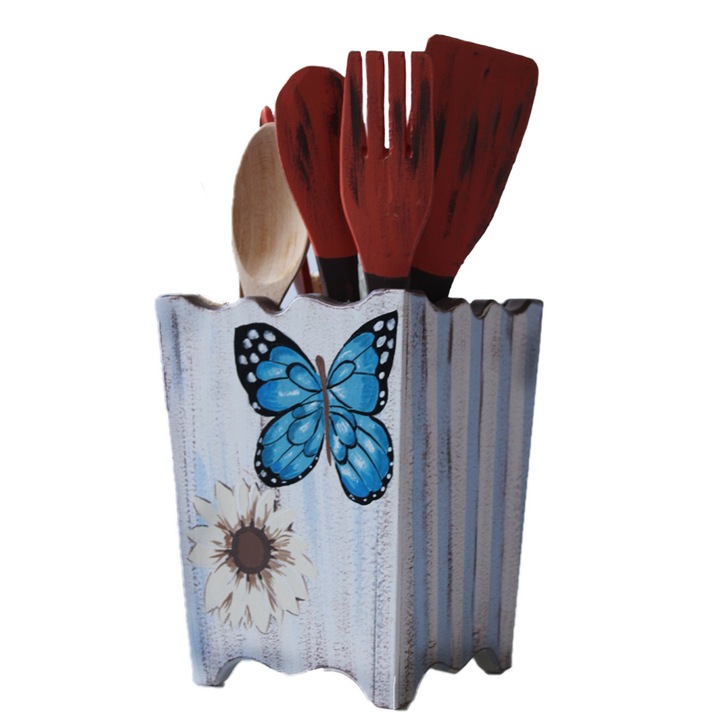 Suport din lemn pentru ustensile de bucatarie, Multicolor, inaltime 20 cm