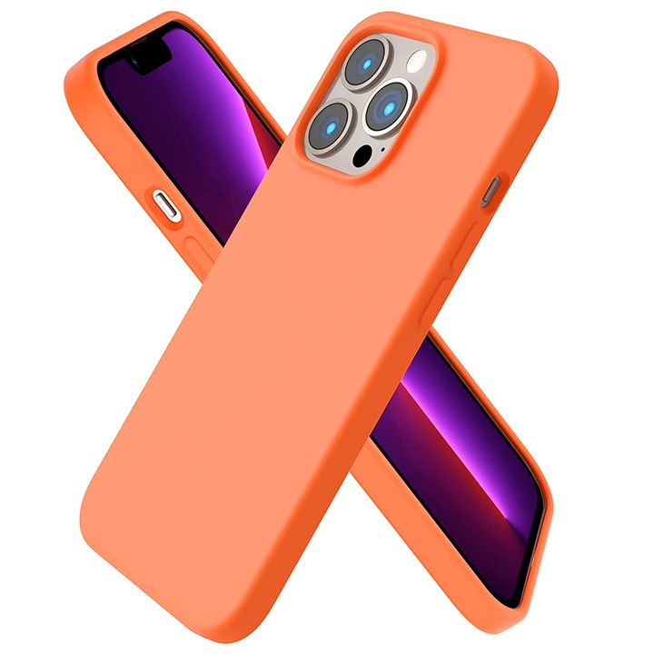 Husa silicon antisoc cu microfibra in interior, compatibila cu Iphone 13 Pro, Portocaliu