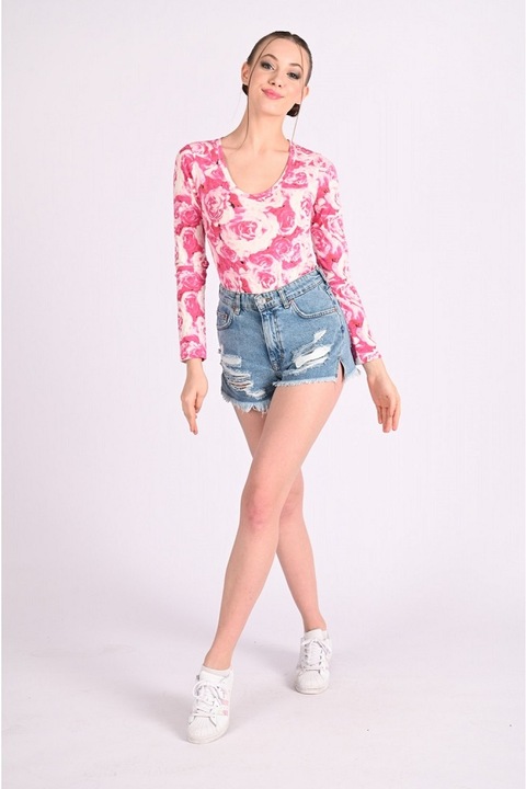 Ежедневно боди, щампа на цветя, дълъг ръкав, Червен, M