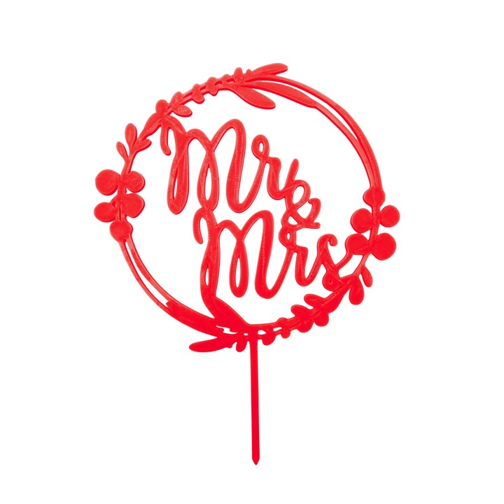 Kerek "Mr és Mrs" torta tetejű dekoráció, Piros 13 cm