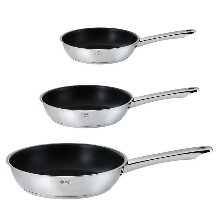 Set de 3 tigai universale Rösle, Moments, 20, 24 si 28 cm, strat antiaderent ProPlex, otel inoxidabil, strat aluminiu intermediar, pentru toate sursele de caldura, usor de curatat, inox