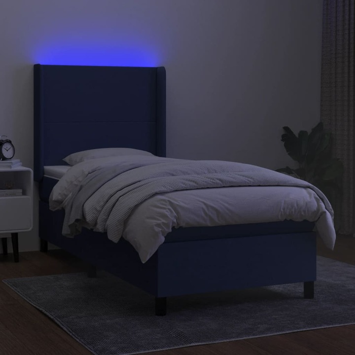 Pat cu arcuri vidaXL, saltea si LED, albastru, 90x190 cm, textil, 49.89 kg 3138123