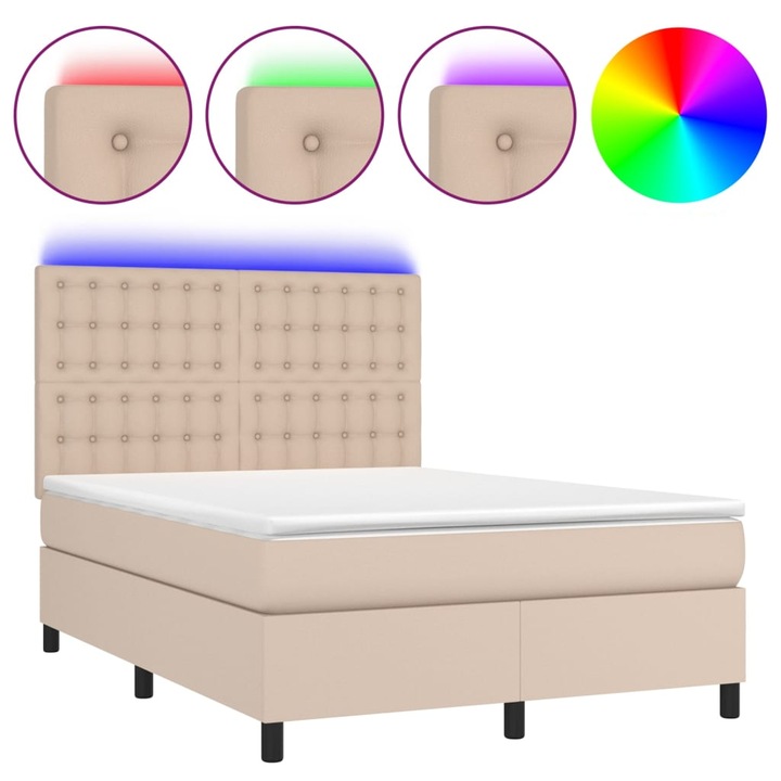 vidaXL cappuccino színű műbőr rugós ágy matraccal és LED-del 140x190cm 3135944
