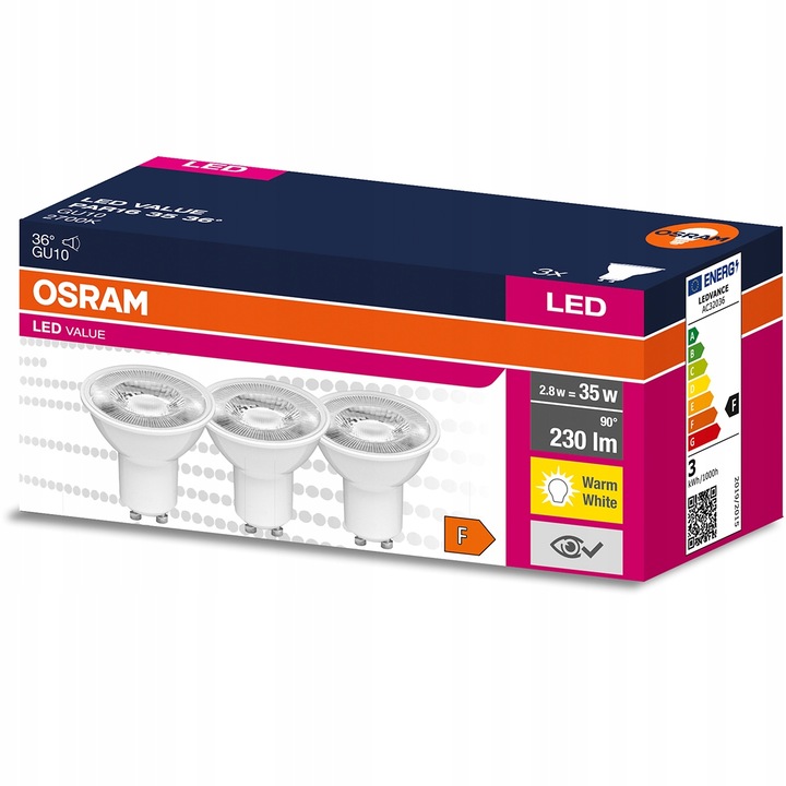 3 db Osram LED izzó készlet, GU10, 2.8W, 35W, 2700K