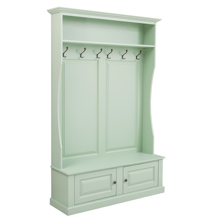 Cuier cu 2 usi, culoare menta, vopsit, 100% lemn masiv