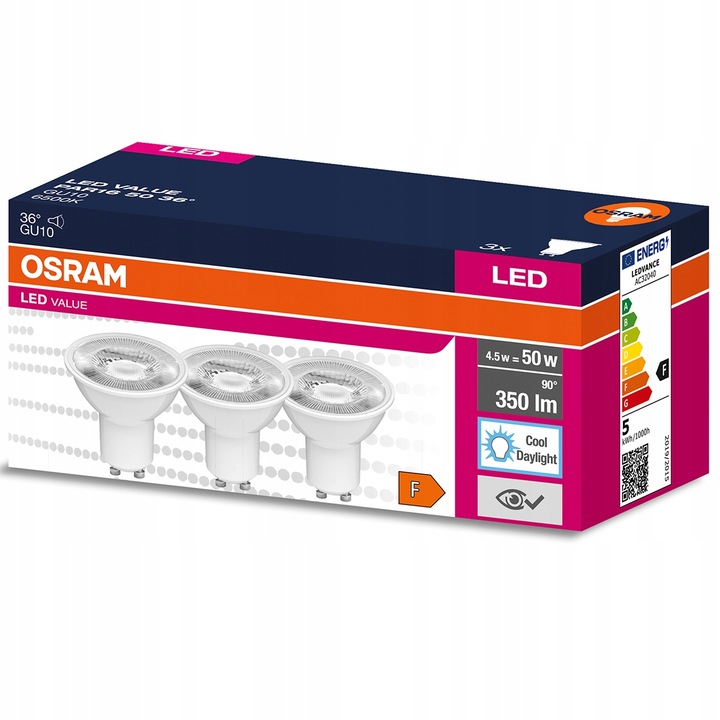 3 db Osram izzó készlet, LED, GU10, 4,5 W = 50 W, 350 lm, 6500 K, hideg fehér